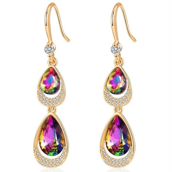 14K Yellow Gold with Vitrail Medium Austrian Crystal Double Teardrop Earrings - Picture 1 of 6